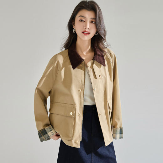 「高货sh」全新升级【铂金会员431/天猫579/差价148】(00438)洛诗琳2026春季新款高智巴恩风灯芯绒翻领显瘦短款风衣女 商品图3