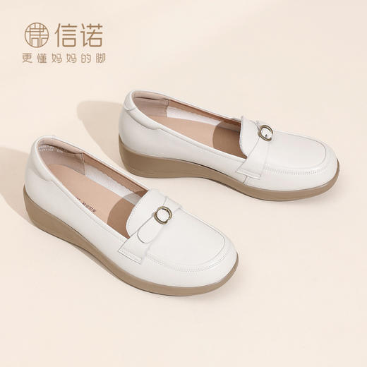 真皮厚底乐福鞋女一脚蹬舒适软底不累脚白色单鞋乐福女鞋6C9317-23 商品图0