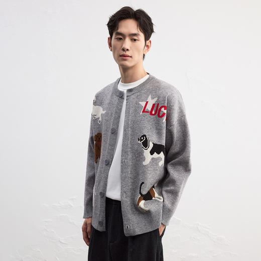 GXG男装秋季时尚复古卡通动物提花针织衫舒适保暖男式开襟毛衣K&C 商品图1