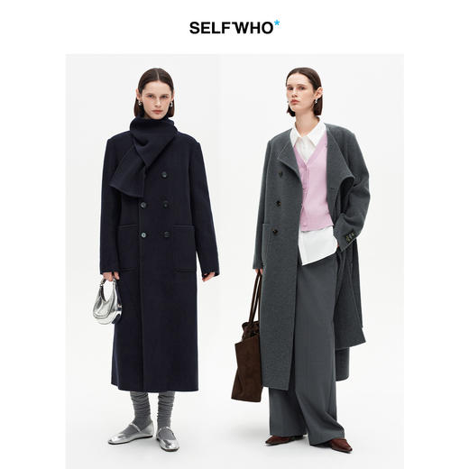 [赵今麦同款]SELFWHO绵羊毛围巾领毛呢外套女冬装新款100高支大衣 商品图3