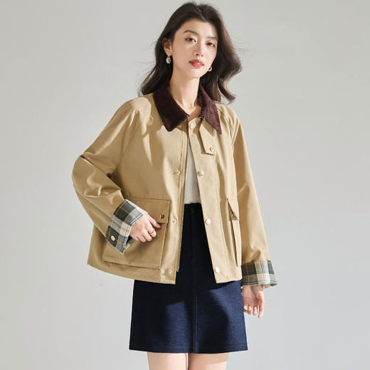 「高货sh」全新升级【铂金会员431/天猫579/差价148】(00438)洛诗琳2026春季新款高智巴恩风灯芯绒翻领显瘦短款风衣女 商品图2