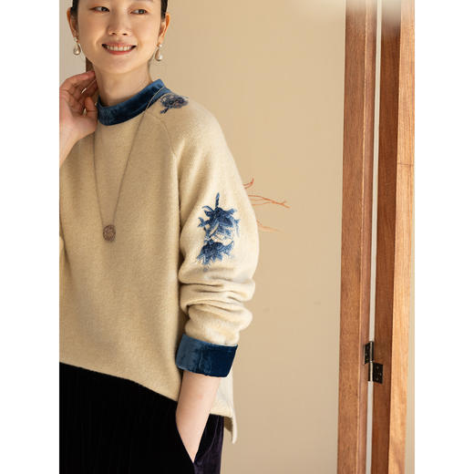 牧衣游原创 刺绣羊毛牛绒混织毛织毛衣柔软舒适拼接套头衫 方野 商品图1