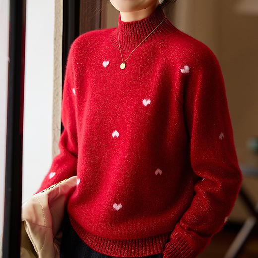 丁摩 100%纯羊毛衫女半高领法式慵懒风闪烁爱心打底针织衫BM-25011 商品图2