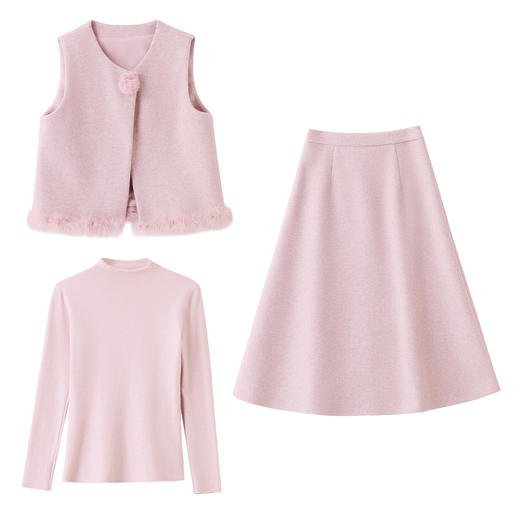 韩系粉色鸵鸟毛拼接马甲，内搭半身裙三件套HR-XXM113 商品图4