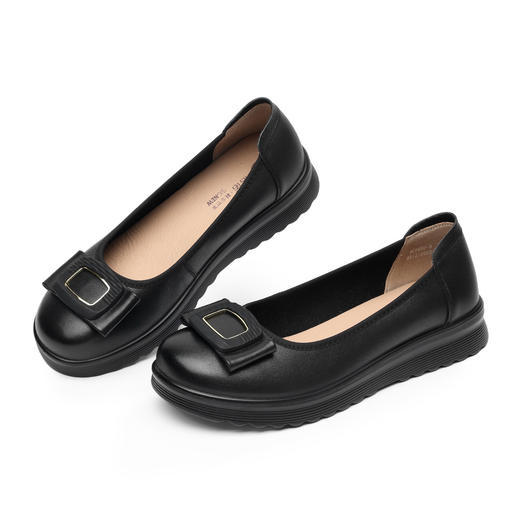 通勤风真皮浅口单鞋女平底方扣软底舒适不累脚妈妈鞋6C8659-8 商品图3