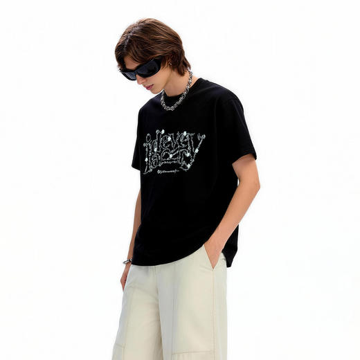 IDEVERRAY春季设计感女装纯棉字母T恤落肩袖宽松短袖圆领印花上衣 商品图2