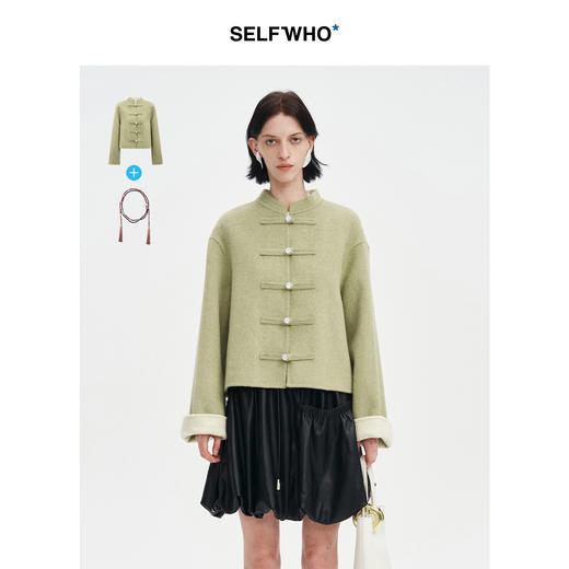 SELFWHO绵羊毛新中式双面呢大衣外套女2025春宽松国风绿色短上衣 商品图0