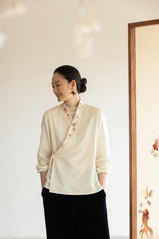 牧衣游原创 16姆米丝棉机绣衬衫斜襟系带禅意古朴文艺开衫 心湖 商品图5
