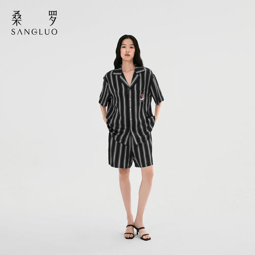 查理小狗』桑罗条纹短袖睡衣套装桑蚕丝男女同款家居服情侣无性别 商品图3