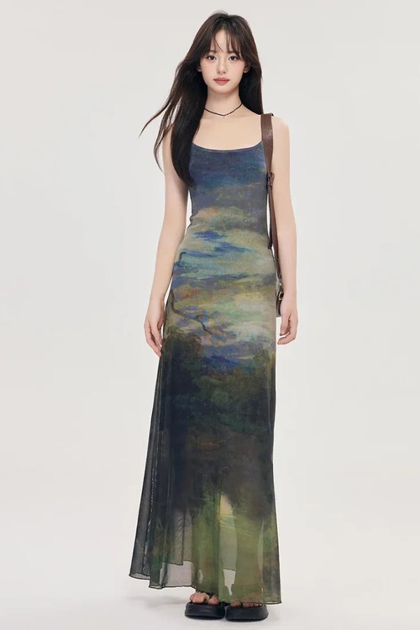 ergei/尔给 度假风情抽象水墨画收腰吊带连衣裙 21670