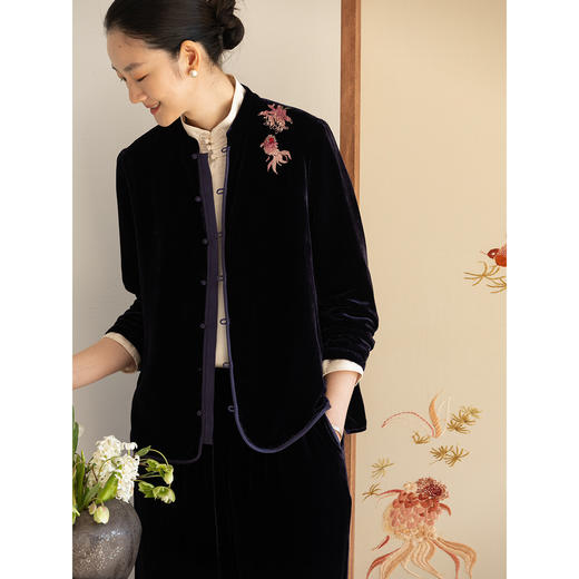 牧衣游原创 丝绒手工刺绣衬衫新款禅意复古中式茶服文艺衬衣 景明 商品图2