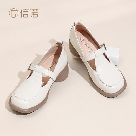 真皮玛丽珍鞋女粗跟一字扣带复古舒适单鞋软底皮鞋6C5255-2 商品图1