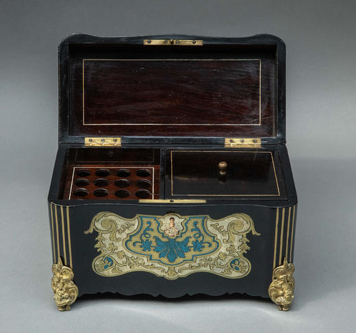 独角鹿西洋古董1850-1870年代法国拿破仑三世时期出品铜鎏金精雕底座装饰古典卷叶纹布勒镶嵌黑漆木雪茄及茶叶盒 商品图8