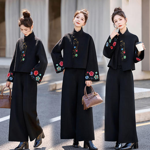 冬装绣花新中式双面呢外套，阔腿两件套（含围巾）HR-ZMFS25916 商品图1