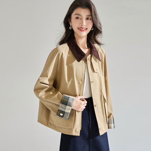 「高货sh」全新升级【铂金会员431/天猫579/差价148】(00438)洛诗琳2026春季新款高智巴恩风灯芯绒翻领显瘦短款风衣女 商品图0