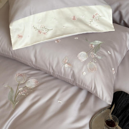 高级感刺绣~26春新款100S全棉长绒棉贡缎郁金香刺绣四件套 四季床品 精致优雅 乔迁新居 商品图1