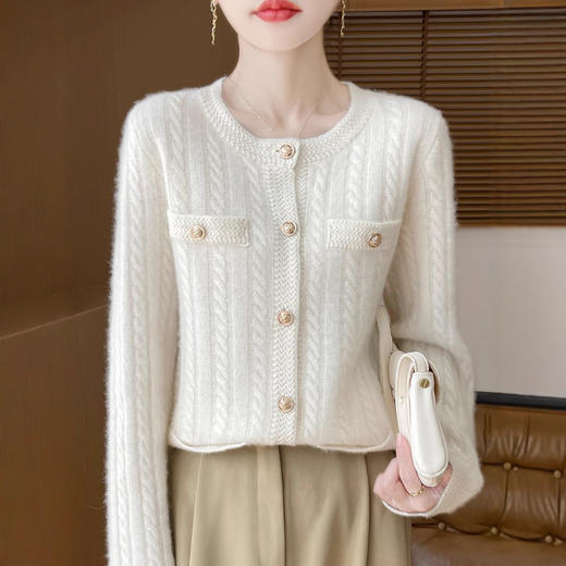 丁摩 100%纯羊毛小香风绞花开衫DMR327 商品图3