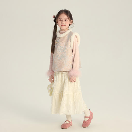艾摩贝贝女童拜年服  2025冬款儿童新中式提花马甲加绒缎面国风背心套装 商品图4