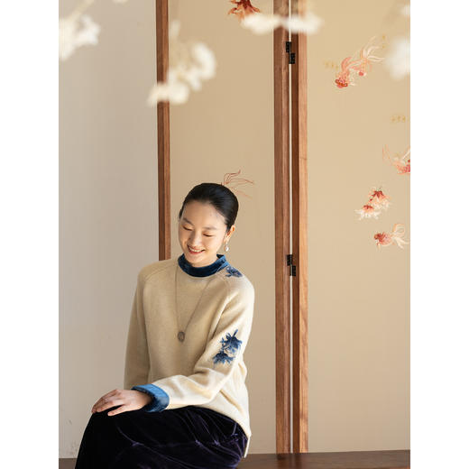 牧衣游原创 刺绣羊毛牛绒混织毛织毛衣柔软舒适拼接套头衫 方野 商品图3