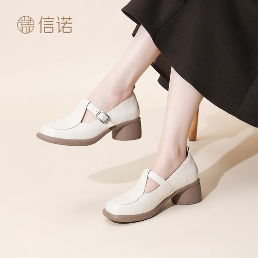 真皮玛丽珍鞋女粗跟一字扣带复古舒适单鞋软底皮鞋6C5255-2 商品图2