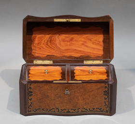 独角鹿西洋古董1850-1870年代法国拿破仑三世时期出品波浪纹饰布勒镶嵌实木茶叶盒