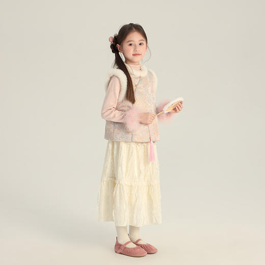 艾摩贝贝女童拜年服  2025冬款儿童新中式提花马甲加绒缎面国风背心套装 商品图3