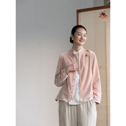 牧衣游原创 丝绒手工刺绣衬衫新款禅意复古中式茶服文艺衬衣 景明 商品图3