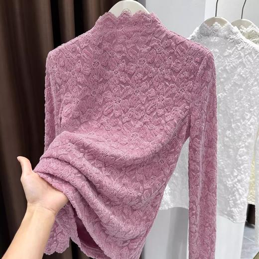 百媚生 蕾丝加绒加厚打底衫提花显瘦中领上衣 商品图3