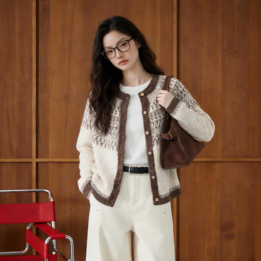 西遇北欧风费尔岛毛衣女2026春季新提花复古休闲杂色加厚针织开衫E0060079 商品图0