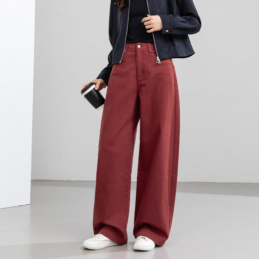 百媚生 红色美式高腰阔腿牛仔裤宽松显瘦垂感直筒裤EC86014 商品图0