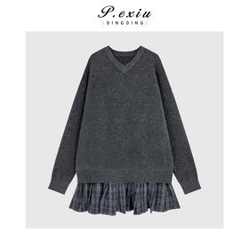 PanYiXiu/潘依绣超细羊毛设计感假两件拼接V领针织连衣裙 Ss077