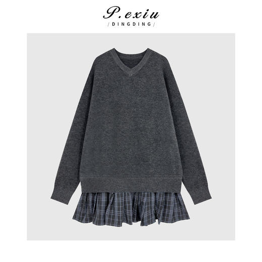 PanYiXiu/潘依绣超细羊毛设计感假两件拼接V领针织连衣裙 Ss077 商品图0