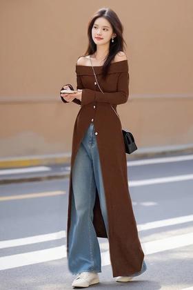 WBWQ 绝美精致气质一字肩收腰高开叉连衣裙 21707