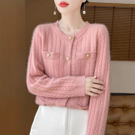 丁摩 100%纯羊毛小香风绞花开衫DMR327 商品图0