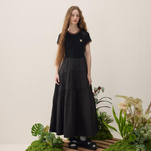 谜底针织连衣裙短袖2026年春季新品超细织造拼接长裙女261MZ0338 商品图0