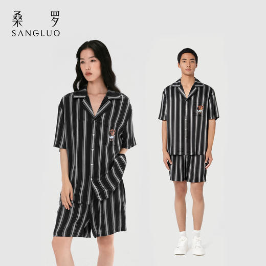 查理小狗』桑罗条纹短袖睡衣套装桑蚕丝男女同款家居服情侣无性别 商品图4