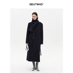 [赵今麦同款]SELFWHO绵羊毛围巾领毛呢外套女冬装新款100高支大衣