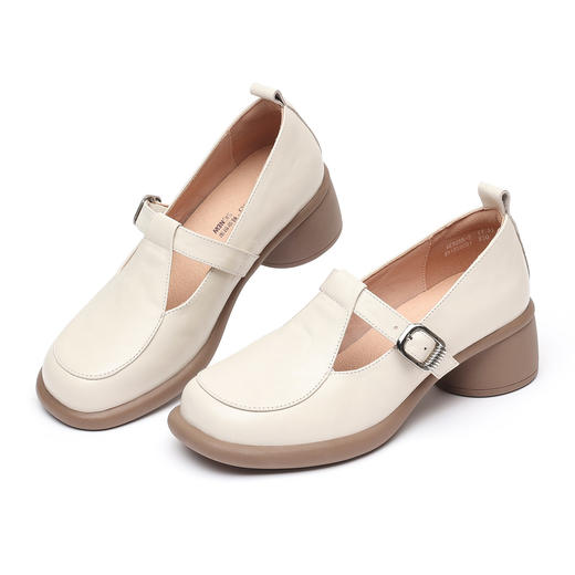 真皮玛丽珍鞋女粗跟一字扣带复古舒适单鞋软底皮鞋6C5255-2 商品图3