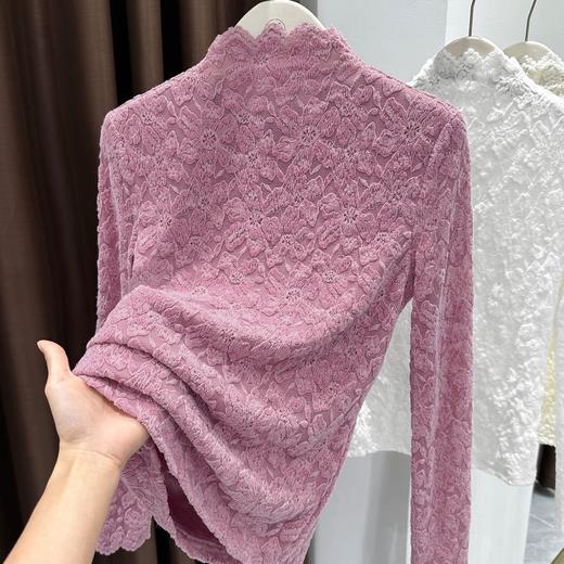 百媚生 蕾丝加绒加厚打底衫提花显瘦中领上衣 商品图1