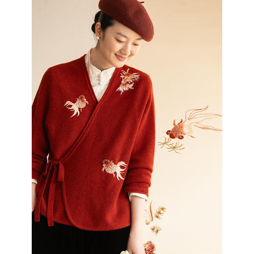 牧衣游原创 羊绒混织重工手绣毛织外套新年红色系带百搭开衫 音逸 商品图1