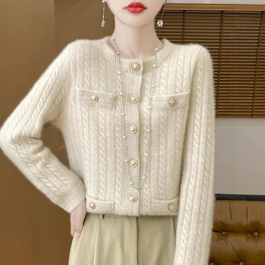 丁摩 100%纯羊毛小香风绞花开衫DMR327 商品图2