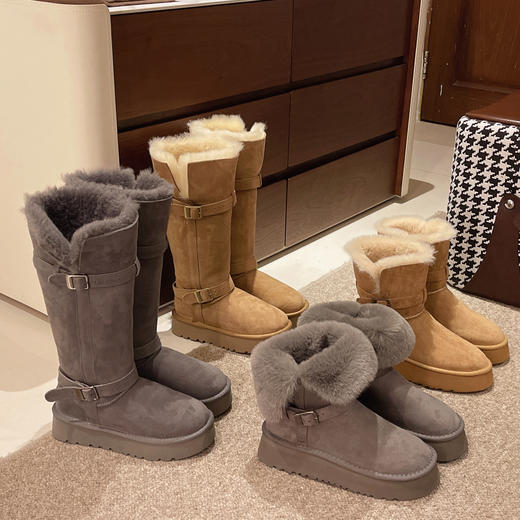 【冬季外穿皮带扣加绒加厚中筒棉鞋】灰色两穿厚底长筒雪地靴女 商品图2