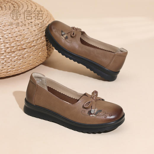 复古风真皮平底妈妈鞋女蝴蝶结浅口单鞋舒适软底奶奶鞋6C8659-7 商品图2
