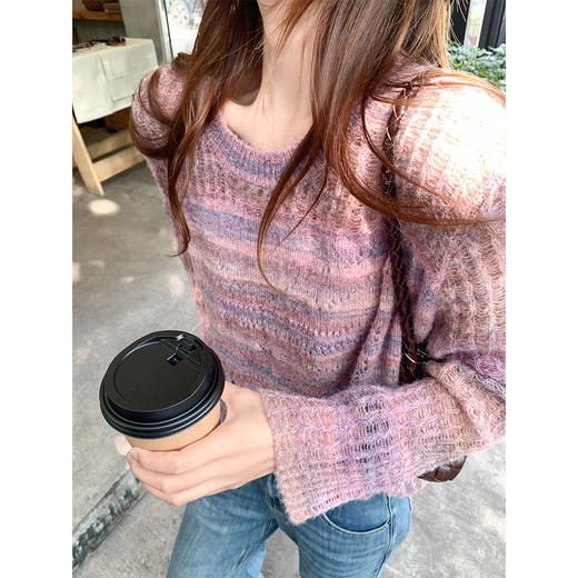 <曾小咸推荐>韩系紫色拼色圆领针织衫女 商品图0