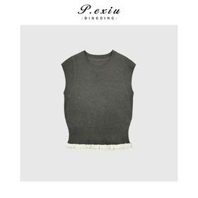 04-1潘依绣丁丁宠粉复古洋气拼接蕾丝圆领针织背心Q1541