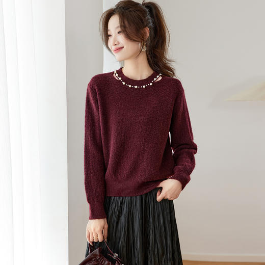 丁摩新款高级感宽松针织打底衫上衣法式钉珠软糯慵懒风毛衣女ALW2101 商品图0