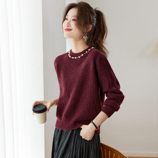 丁摩新款高级感宽松针织打底衫上衣法式钉珠软糯慵懒风毛衣女ALW2101 商品图2