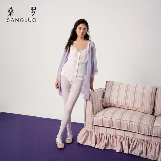 朦胧浪漫』桑罗白色V领乔其纱桑蚕丝吊带短裤内搭套装 商品图1