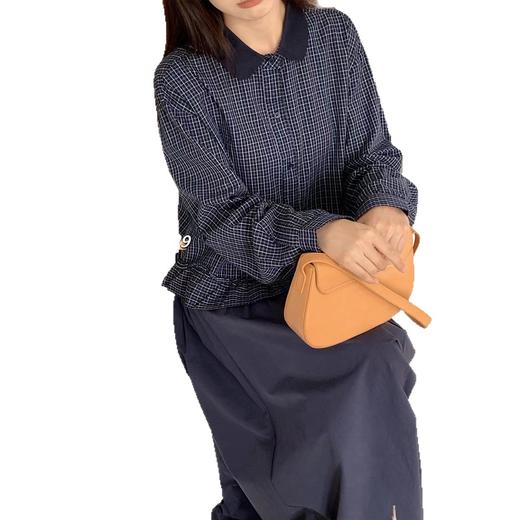 【复古时尚新款毛衣】减龄木耳边下摆格子衬衫 气质拼色翻领长袖开衫女  商品图4