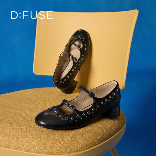 Dfuse迪芙斯2026春季新款圆头双条带铆钉甜酷朋克玛丽珍粗跟单鞋DFE1111046 商品图4